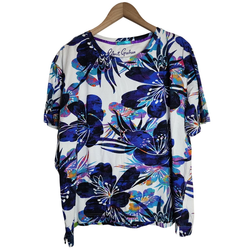 Robert Graham Floral T-Shirt Women 2XL White Blue Short Sleeve Cotton Tee